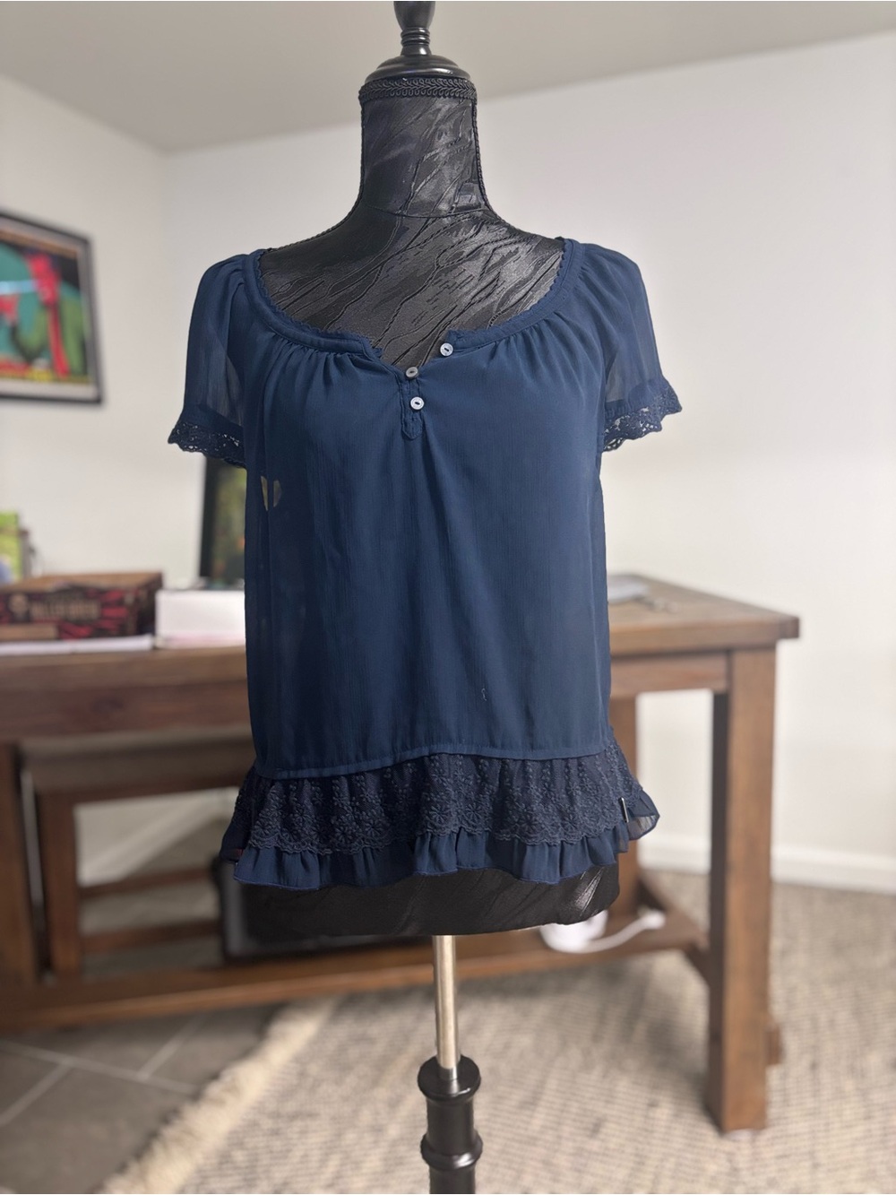 Vintage Y2K Abercrombie & Fitch sheer navy short sleeve top w lace ruffle hem